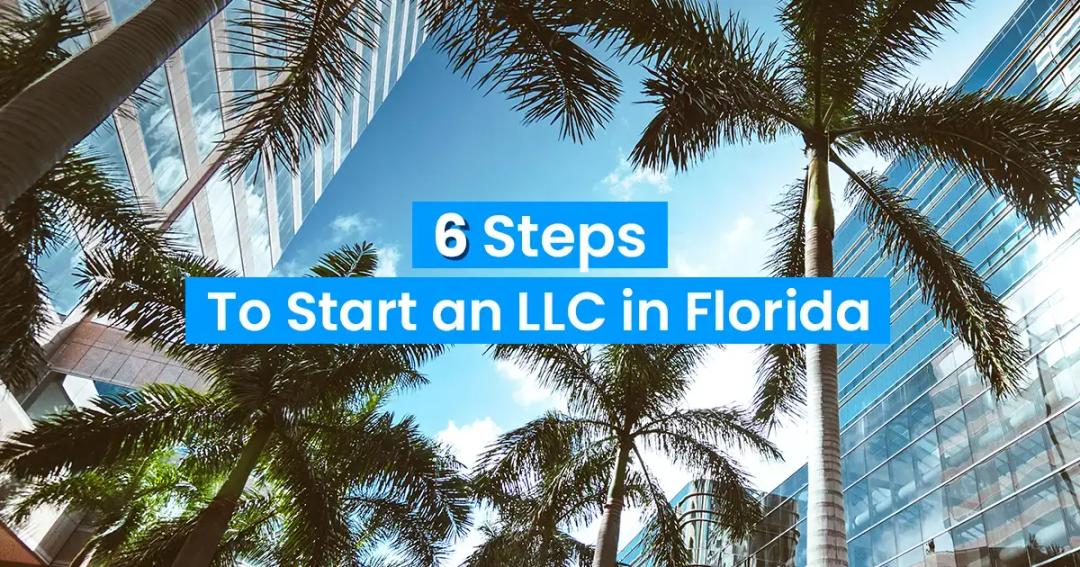 Promotional image featuring the text "6 steps to start an llc in florida" against a backdrop of skyscrapers and palm trees under a clear blue sky.