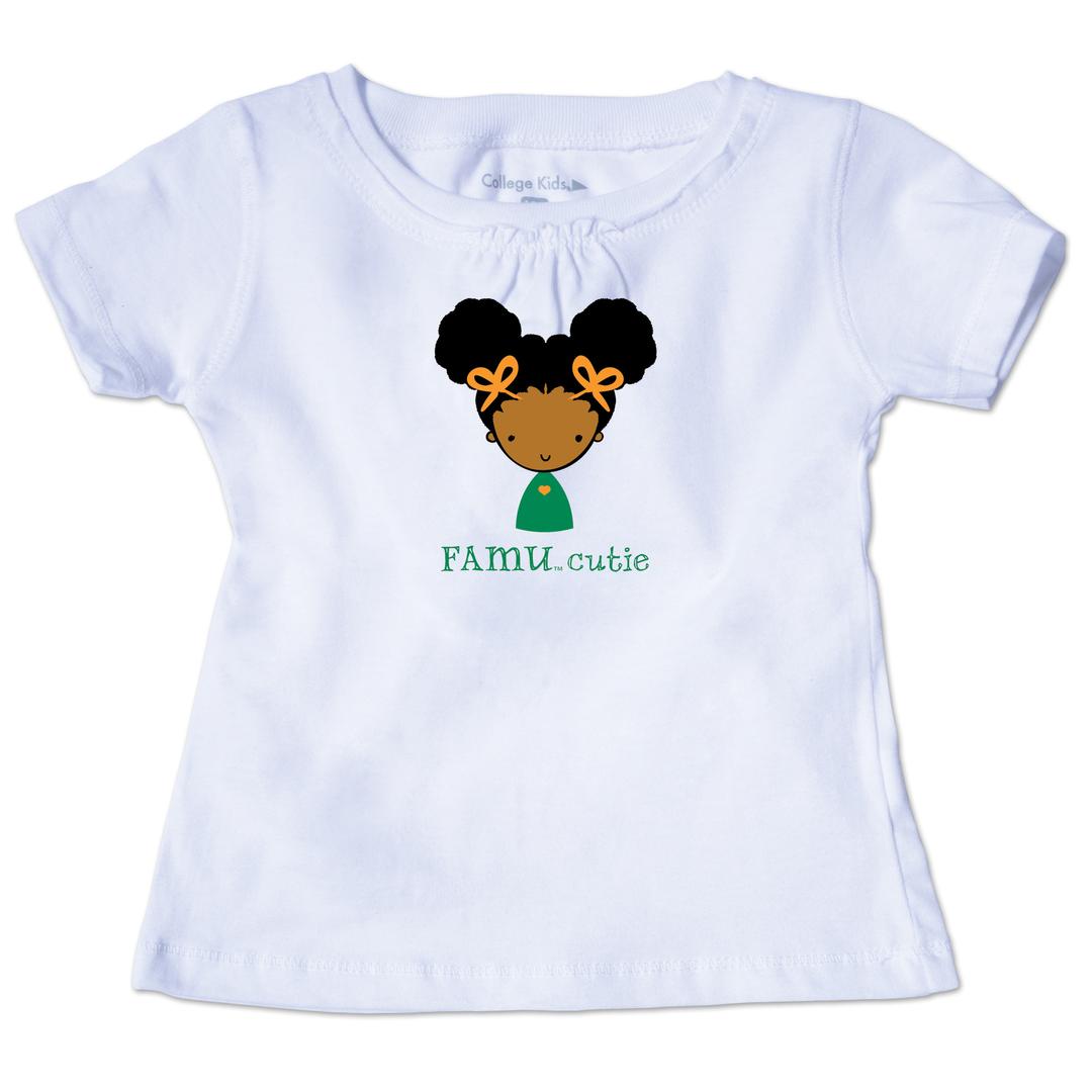 White t shirt that says famu cutie on the front