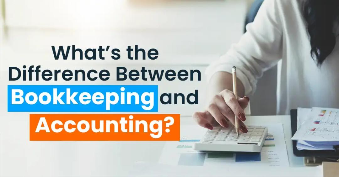 A person using a calculator at a desk with papers, overlaid with text "what's the difference between bookkeeping and accounting?.